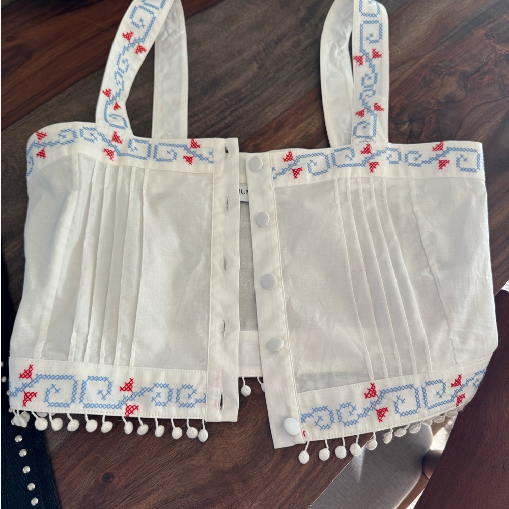 Embroidered White Crop Top with Red and Blue Accents